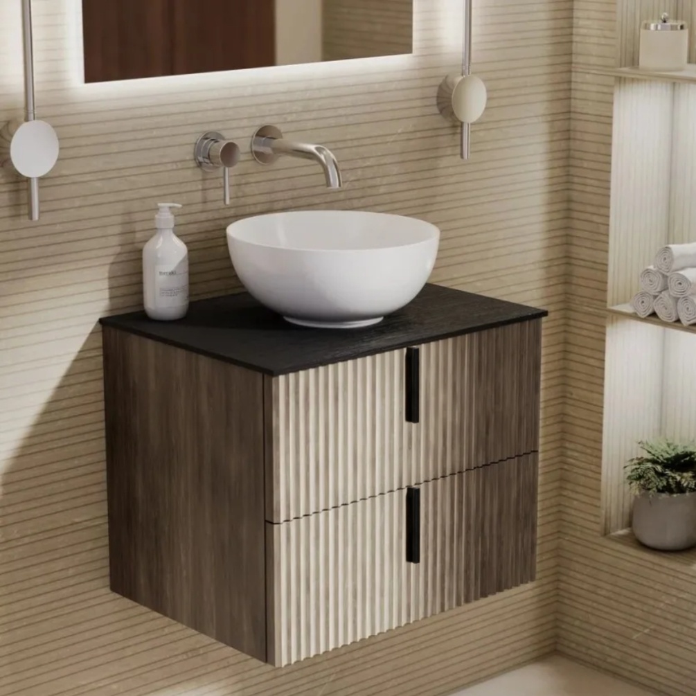 Lifestyle image of Marlow Rockford 600mm Wall-Hung Vanity Unit & Mune Black Worktop